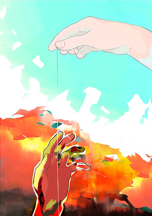 蜘蛛の糸の表紙イメージです。青空の下、お釈迦様が、白い右手で蜘蛛の糸を握って上からたらしています。下からは、黒い地獄の炎の中から手を伸ばして
								蜘蛛の糸をつかもうとしているカンダタの手がのびています。