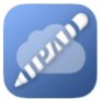 PockeySoft のソフト「UPAD」のアイコン画像です。薄青の背景の真ん中に白みがかった雲の絵が描かれ、その絵に重なるように左下から右上へ白いペンの絵が描いてあり、その中にUPADという文字が背景と同じ色で記載されています。
