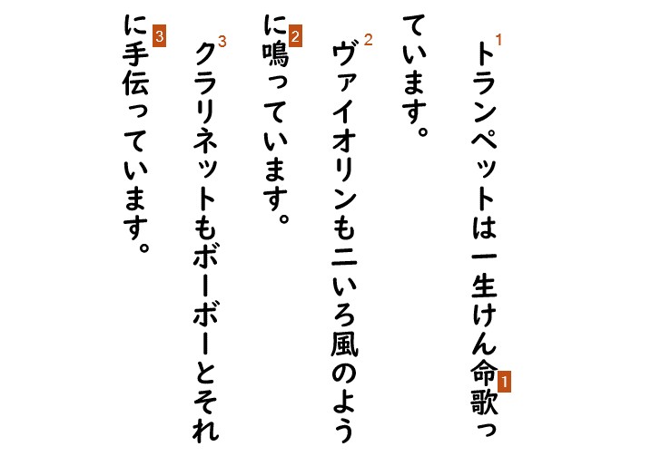 注番号の表記の例として「セロ弾きのゴーシュ」の一説が縦書きで記されています。
							「トランペットは一生懸命歌っています。ヴァイオリンも二いろ風のように鳴っています。クラリネットもボーボーとそれに手伝っています。」
							と記されており、「トランペット」の文字の右上に小さく茶色の注番号1、「歌って」の右上に小さく茶色い四角形に入っている白抜きの注番号1、
							「ヴァイオリン」の右上に小さく茶色い注番号2、「鳴って」の右上に小さく茶色い四角形に入っている白抜きの注番号2、
							「クラリネット」の右上に小さく茶色い注番号3、「手伝って」の右上に小さく茶色い四角形に入っている白抜きの注番号3が書かれています。